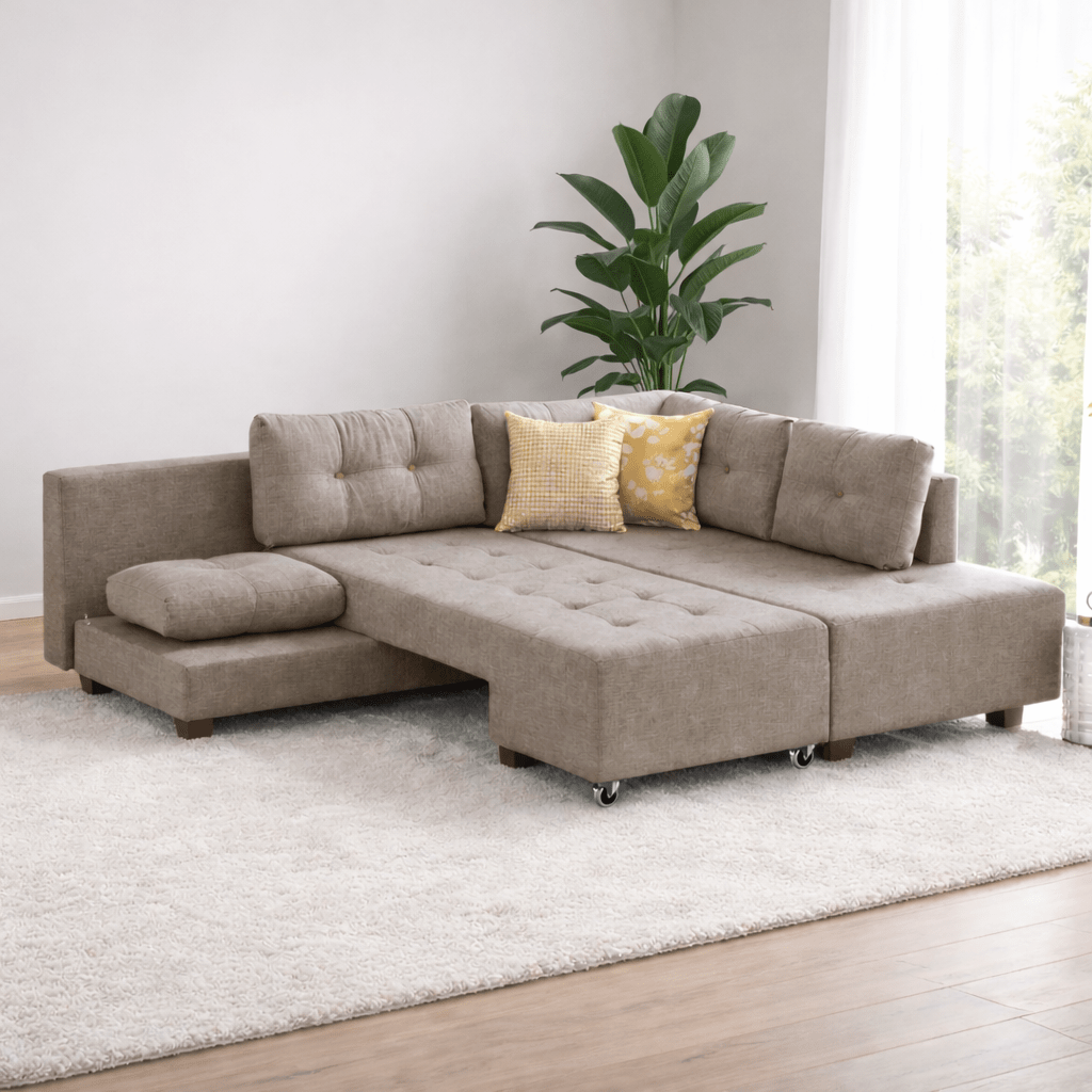 Canapé lit tissu taupe - XL 280x206 cm - à roulettes - Droite - Manama