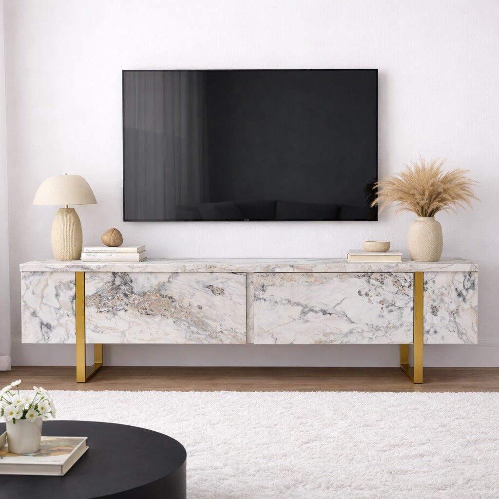 Meuble TV en marbre mélaminé avec cadre doré Blitz 50x180x29,5 cm