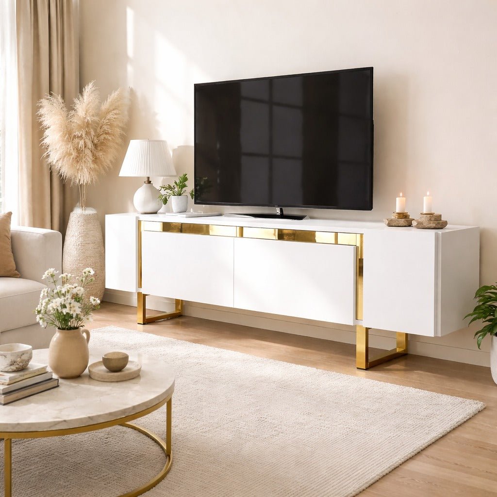 Meuble TV blanc Yildiz 180x50x30 - Cadre doré