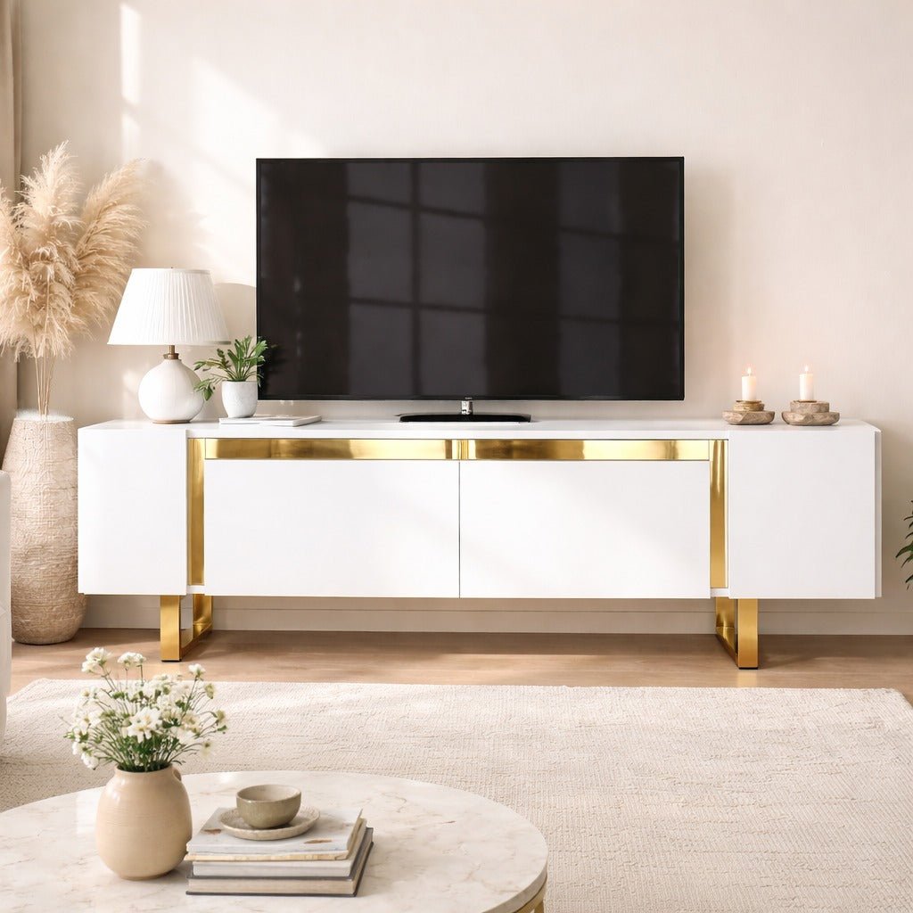 Meuble TV blanc Yildiz 180x50x30 - Cadre doré