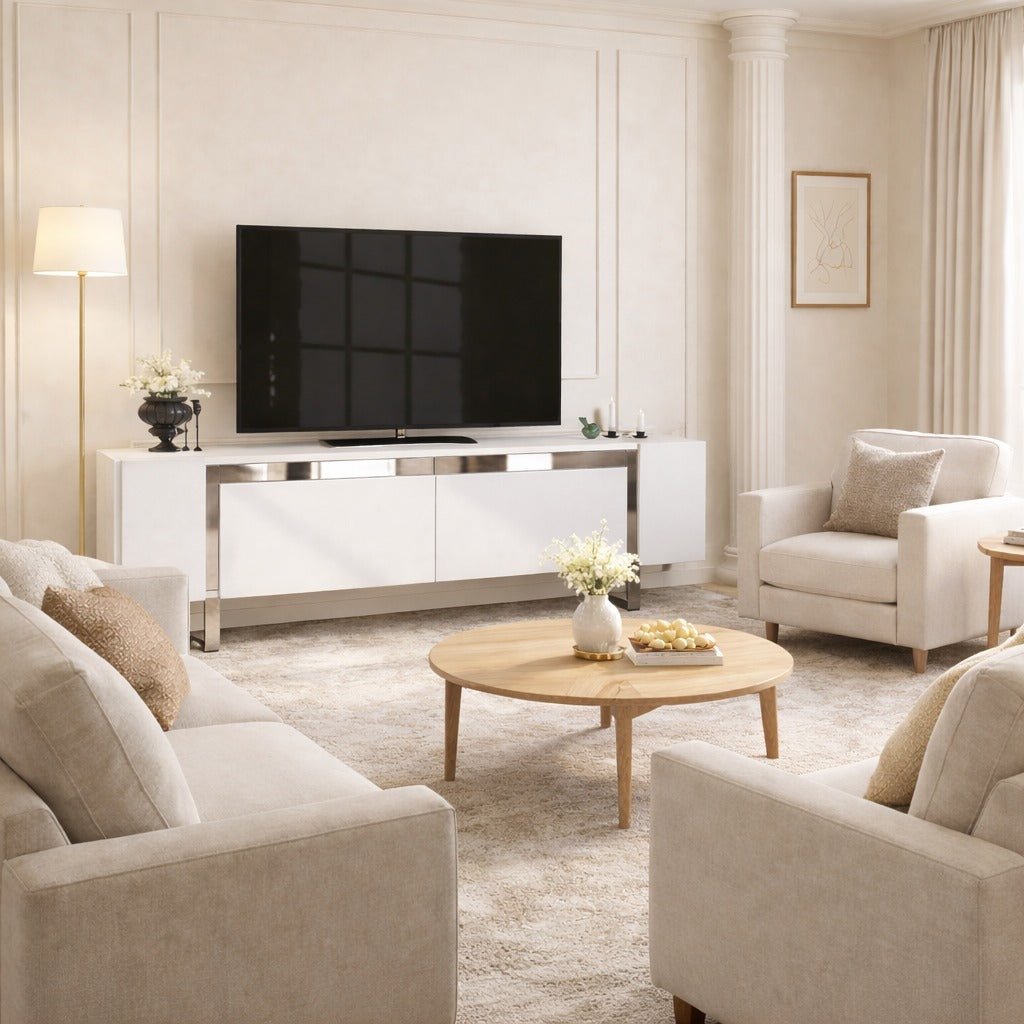Meuble TV blanc Yildiz 180x50x30 - Cadre argenté