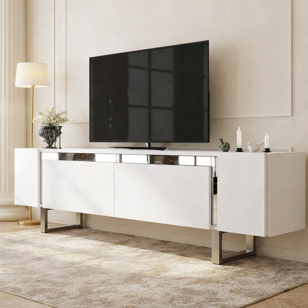 Meuble TV blanc Yildiz 180x50x30 - Cadre argenté