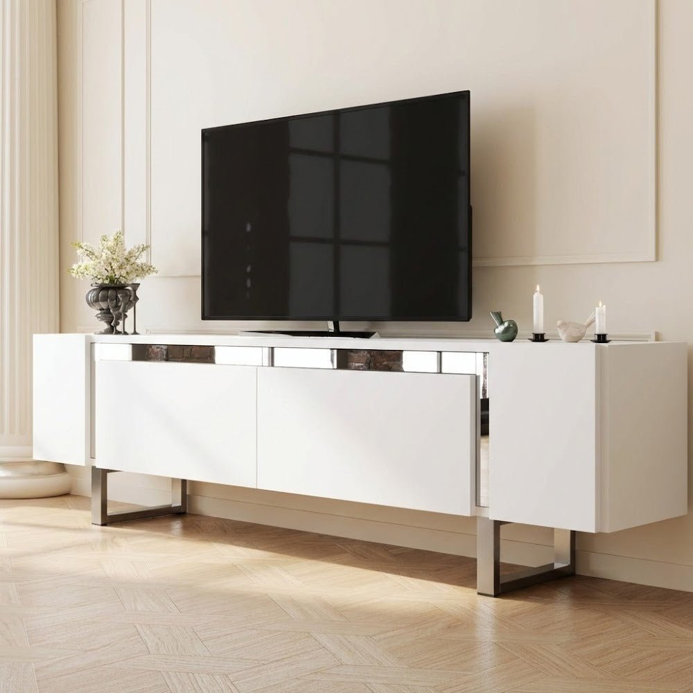Meuble TV blanc Yildiz 180x50x30 - Cadre argenté