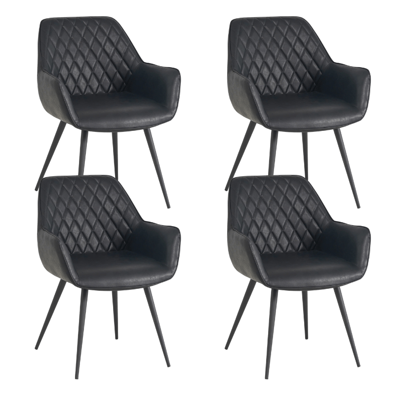 Ensemble de 4 Chaises de Salle à Manger Industrielles Cara Noir à Motif en Losanges - Cuir Synthétique - Avec Accoudoirs