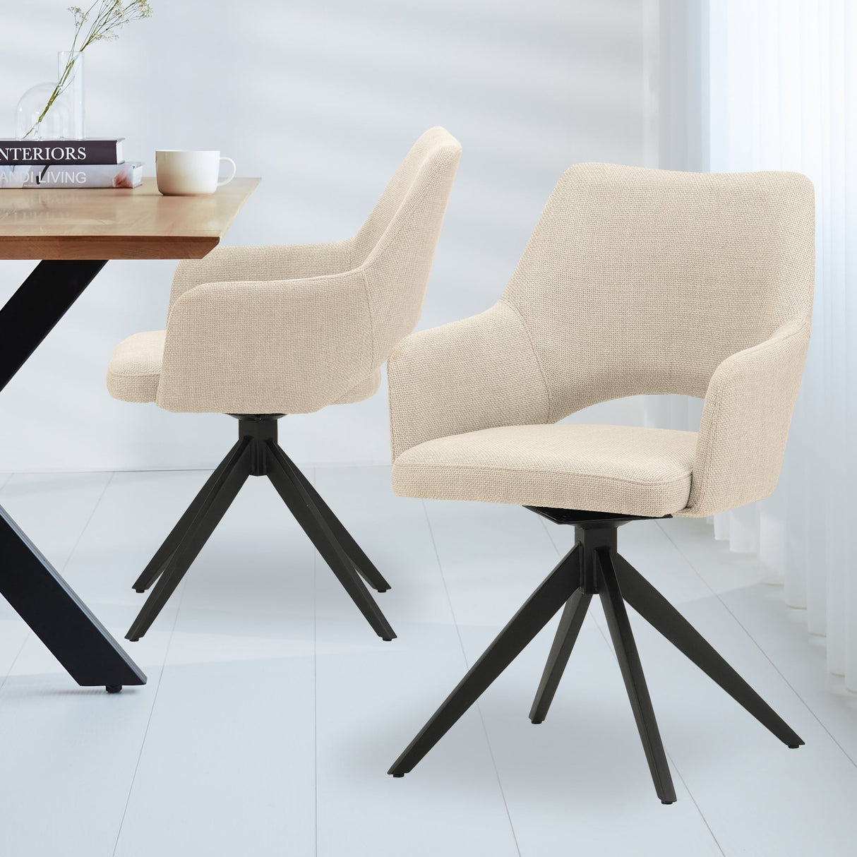 Set van 4 Draaibare Eetkamerstoelen Sid Beige Stof - Met Armleuningen