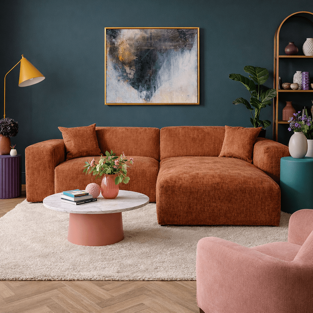 Canapé d’angle Wayne en chenille couleur cuivre, 264 cm – angle montable à gauche ou à droite