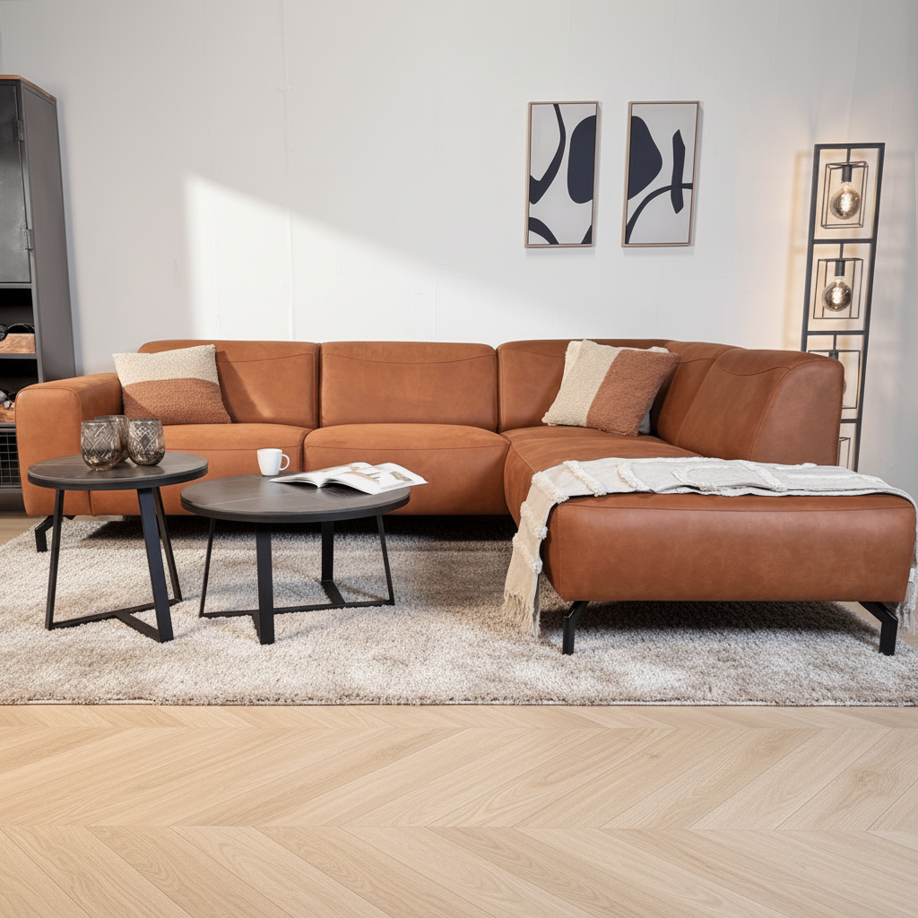 Canapé d'angle cognac en cuir écologique robuste Barin - droit