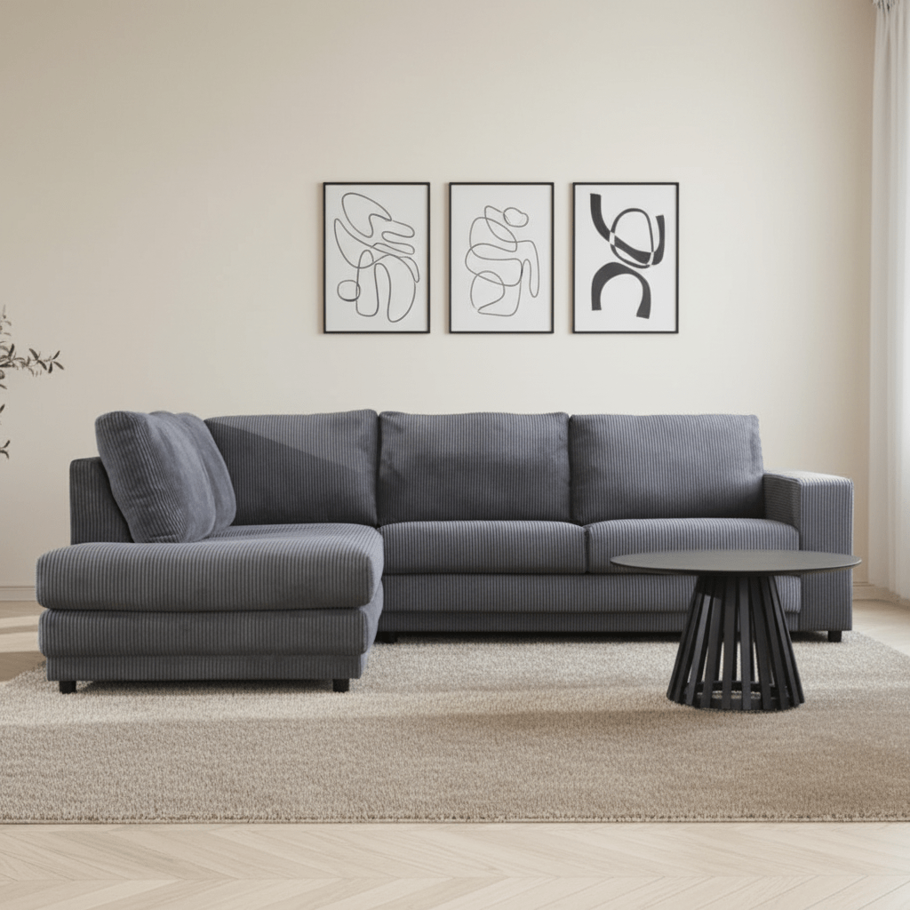 Canapé d'angle en tissu rayé anthracite, canapé gonflable Gabi - gauche