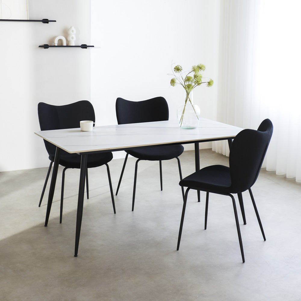 Table à manger Jules Blanche Dimehouse Blanc LxlxH 78x27x10 Pierre frittée Photo d'ambiance vue de face diagonale