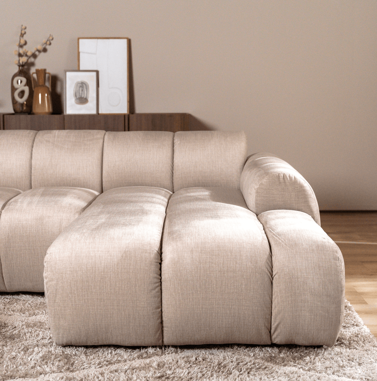 Banken-Hoekbank met lounge beige velvet structuurstof - strepen - rechts - Brix-Dimehouse