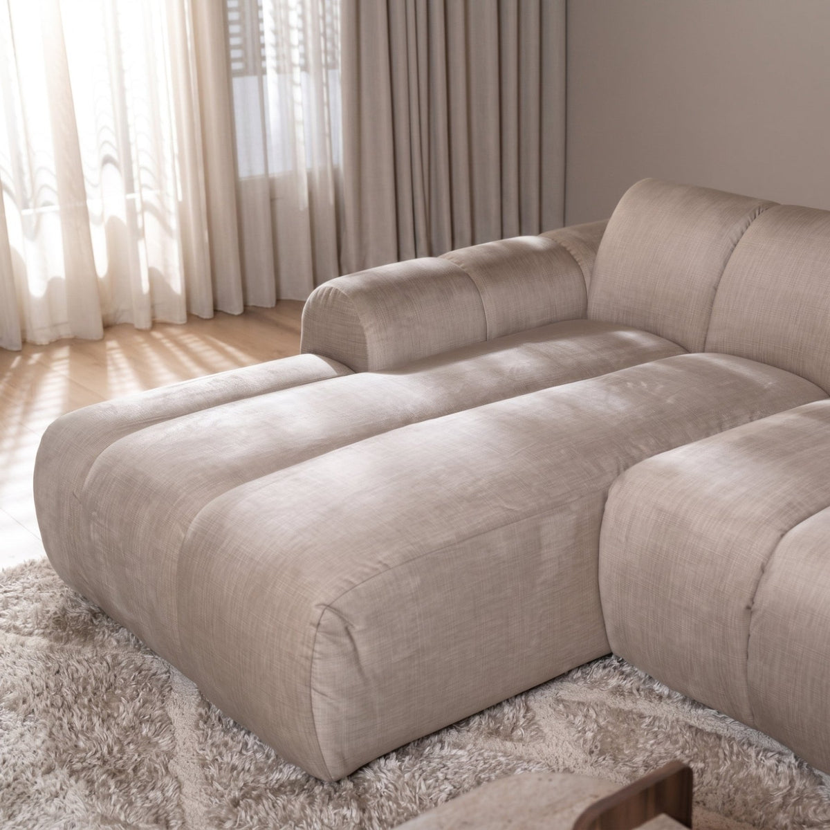 Canapés-Canapé d'angle lounge tissu texturé velours beige - rayures - gauche - Brix-Dimehouse