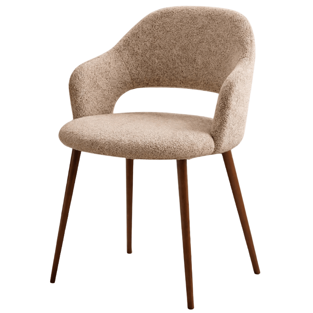 Eetkamerstoelen - Japandi eetkamerstoel zandkleur bouclé Aki - walnoot frame - met armleuning - Dimehouse
