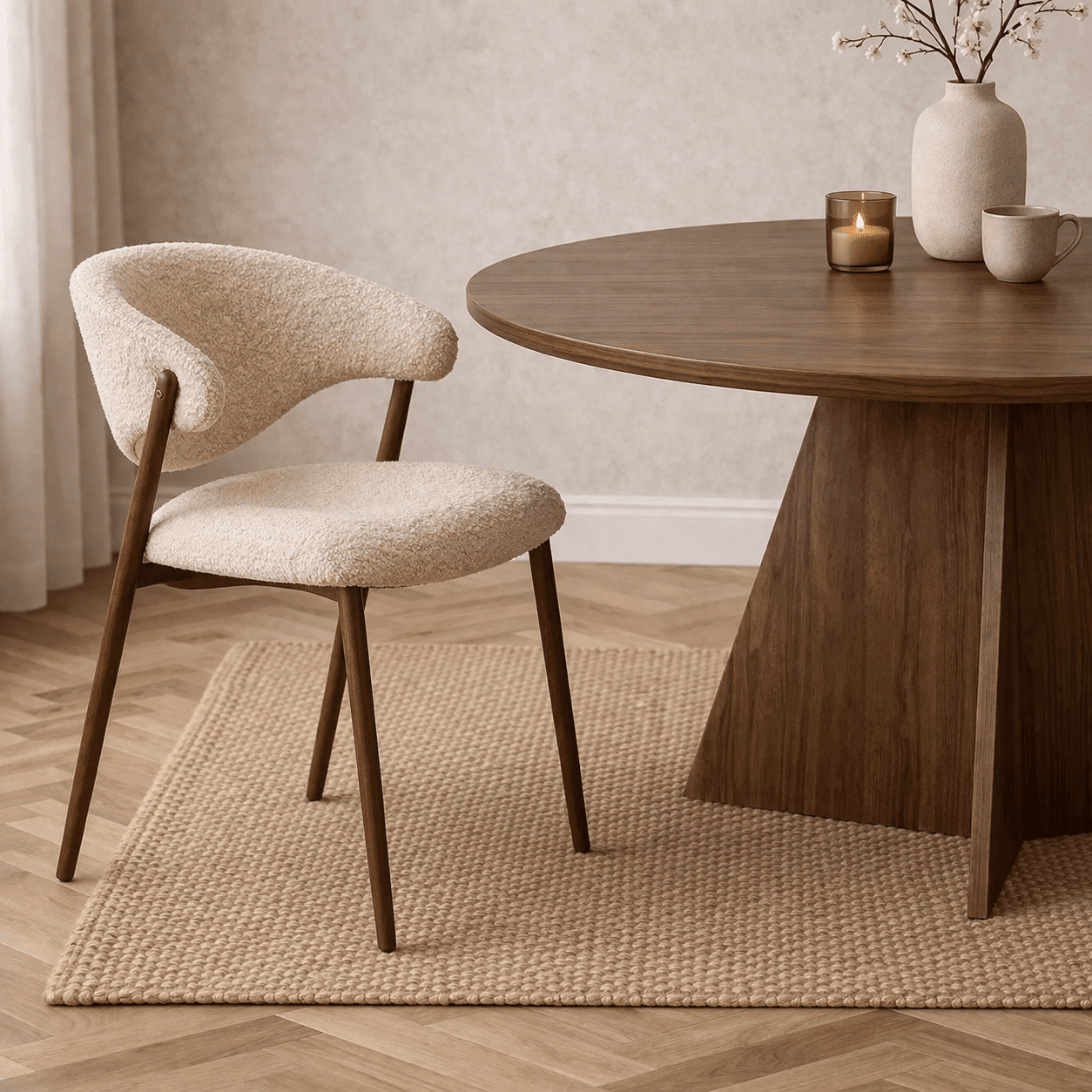 Boucle eetkamerstoel en houten tafel in minimalistisch interieur.