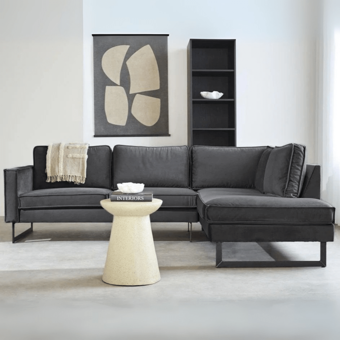 Hoekbank Quinn velvet antraciet losse kussens rechts