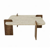 Afrolli salontafel travertinlook walnoot 90x90 Travertinlook en walnoot Met melamine gecoat houtcomposiet