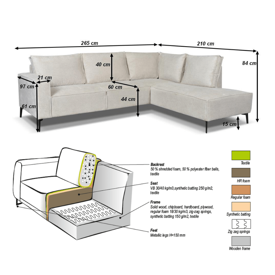 Hoekbank Yara met chaise longue rechts chenille beige