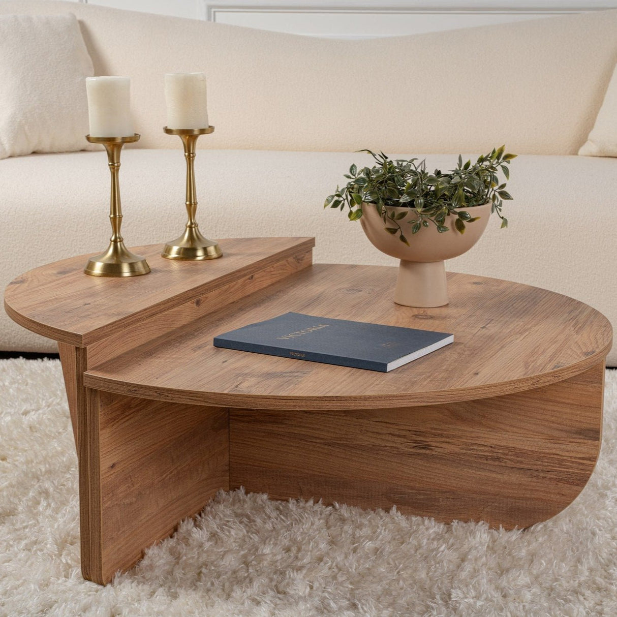 Table basse ronde en pin atlantique avec finition mélaminée en gradins 90 cm Orin 