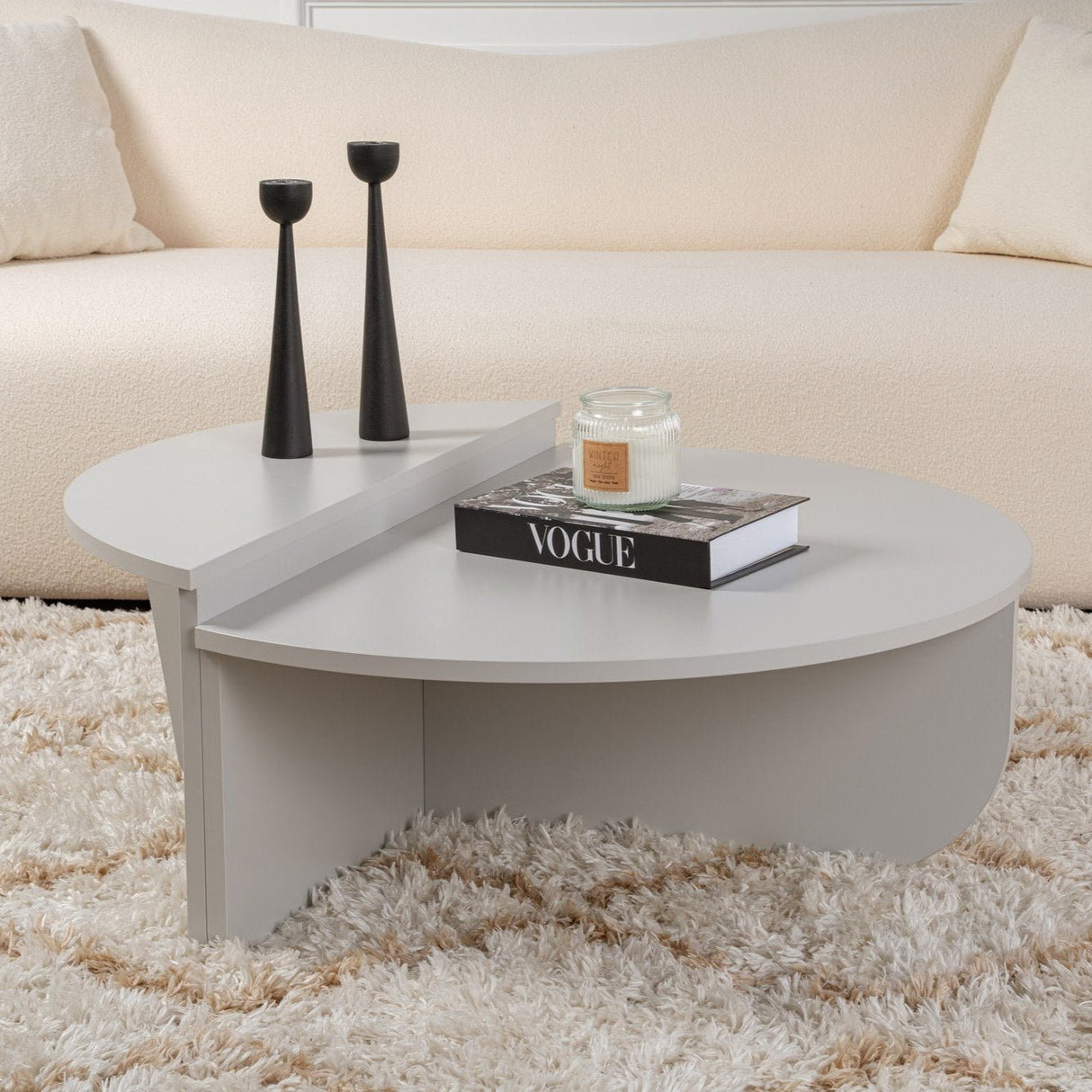 Table basse ronde grise à niveaux en mélamine 90 cm Orin 