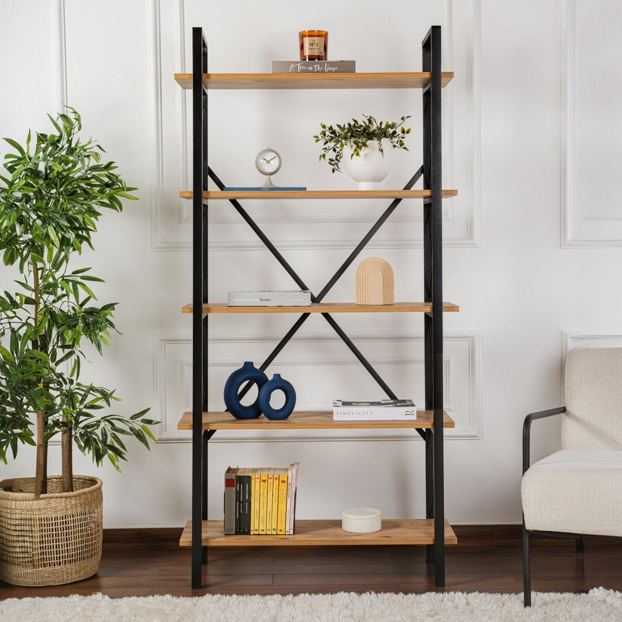Bibliothèque industrielle Ely en bois de pin atlantique mélaminé - Cadre noir - 180x90 cm 