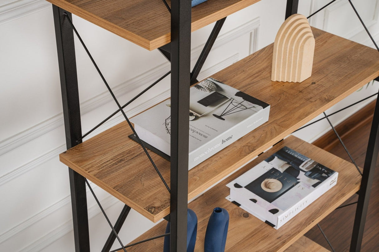 Bibliothèque industrielle Ely en bois de pin atlantique mélaminé - Cadre noir - 180x90 cm 