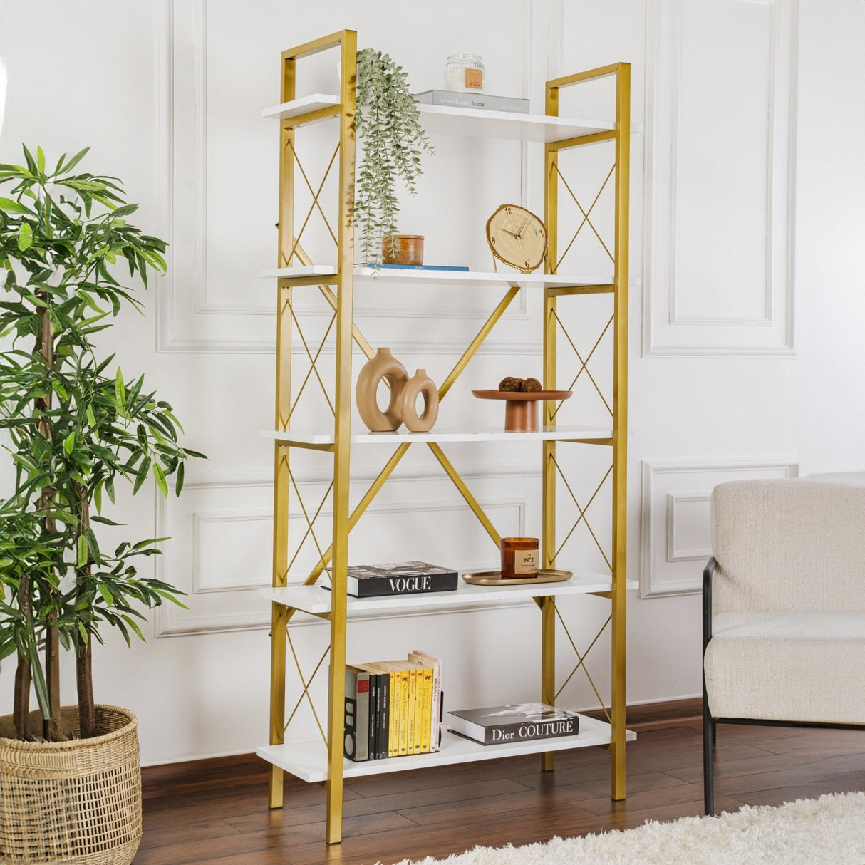 Bibliothèque Industrielle Ely Blanc Bois Mélaminé - Cadre Doré - 180x90 cm 
