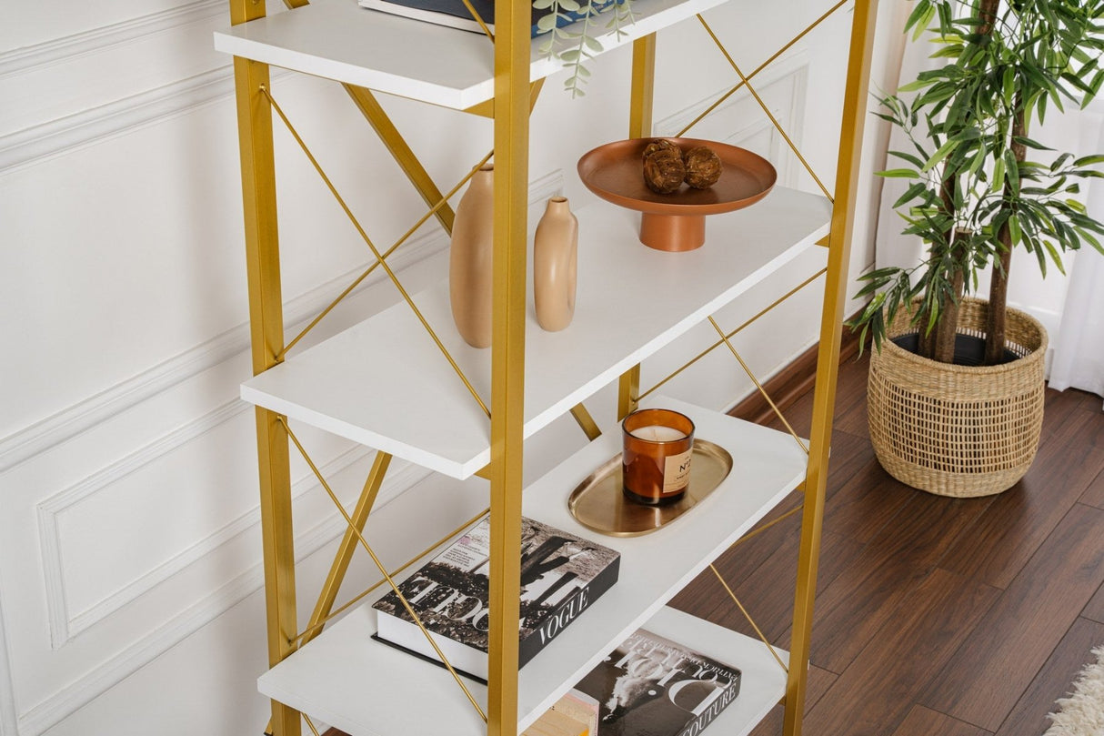 Bibliothèque Industrielle Ely Blanc Bois Mélaminé - Cadre Doré - 180x90 cm 