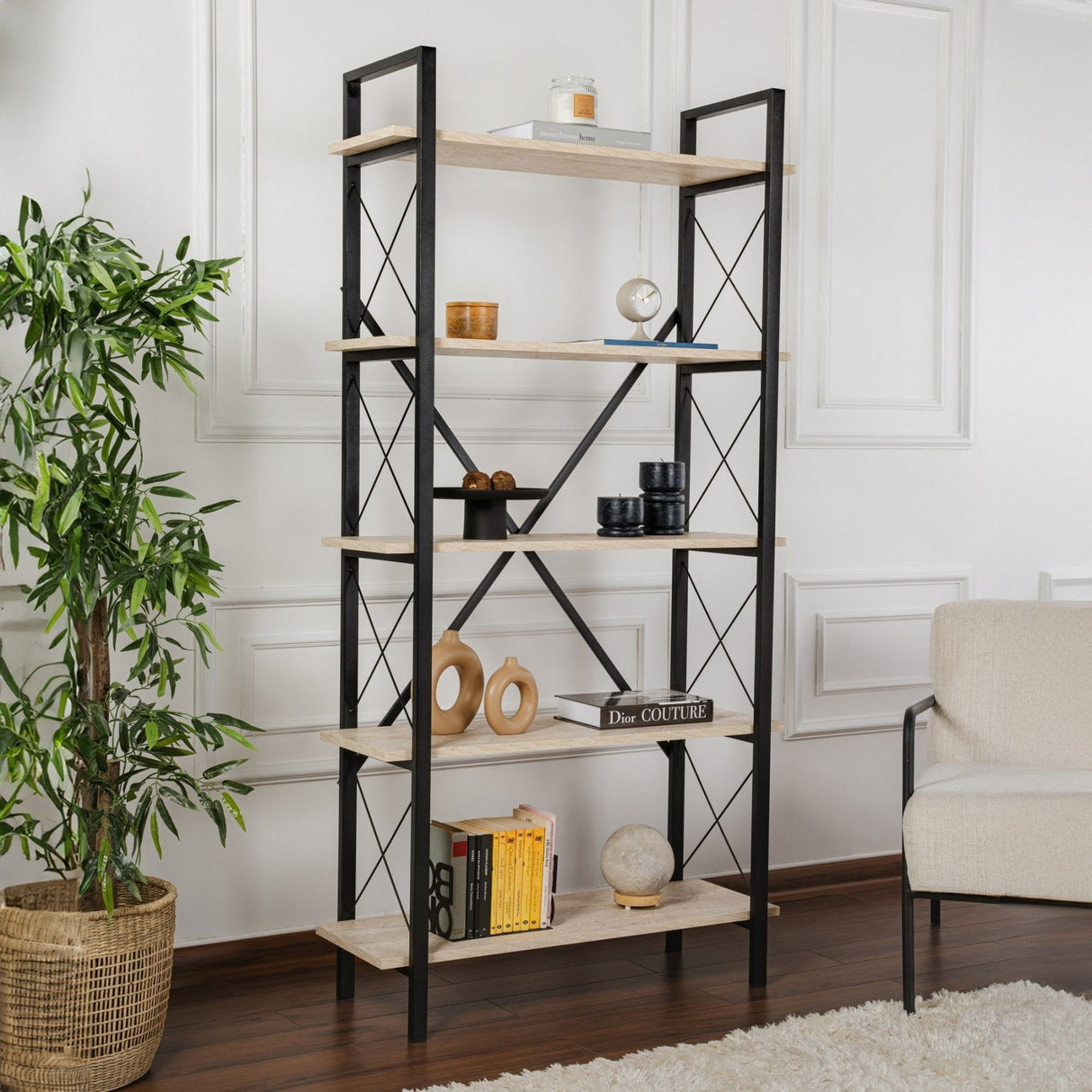 Bibliothèque industrielle Ely Travertin Mélamine - Cadre noir - 180x90 cm 