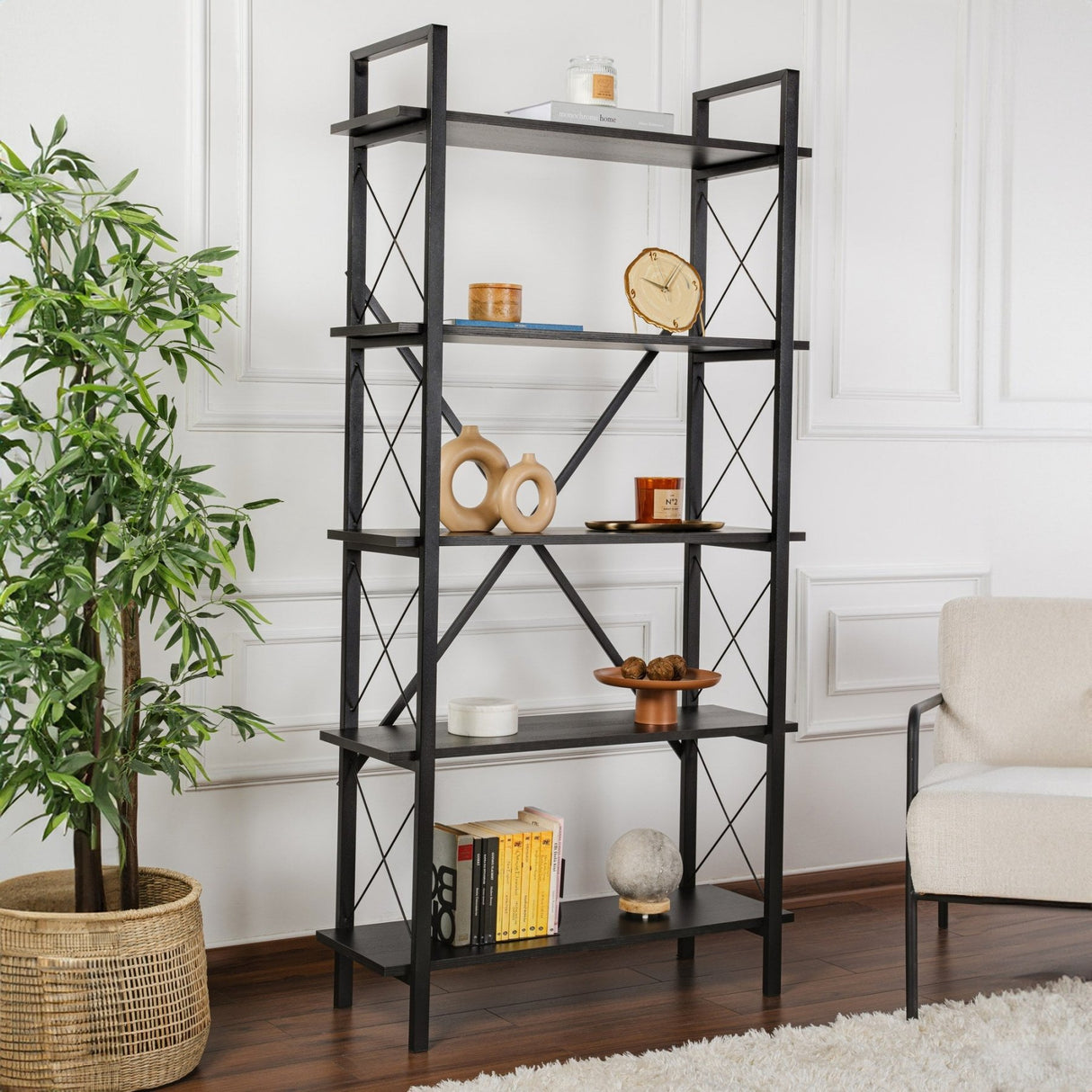 Bibliothèque industrielle Ely Bois Noir - Cadre Noir - 180x90 cm 