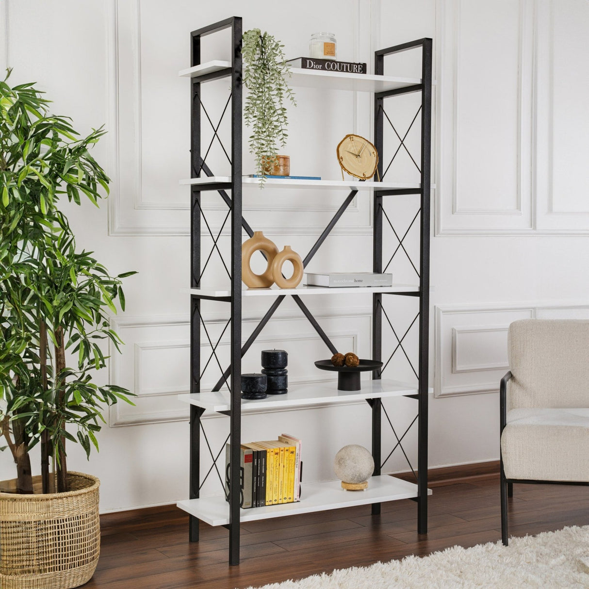 Bibliothèque Industrielle Ely Blanc Bois Mélaminé - Cadre Noir - 180x90 cm 