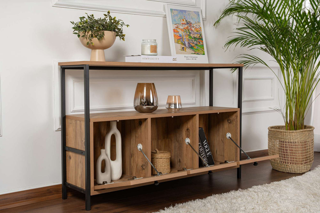 Buffet en pin Atlantique Saloce - Cadre noir - Trois compartiments - 120x77 cm 