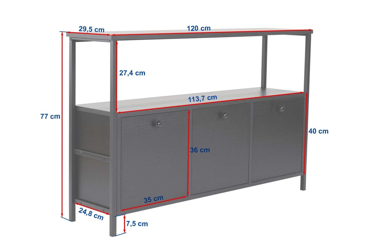 Buffet en pin Atlantique Saloce - Cadre noir - Trois compartiments - 120x77 cm 