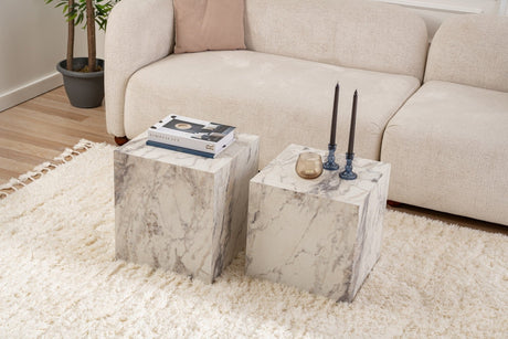 Ensemble de Tables d'Appoint Modernes de 2 Cubes Carrés Aspect Marbre - 40x40x40/45 