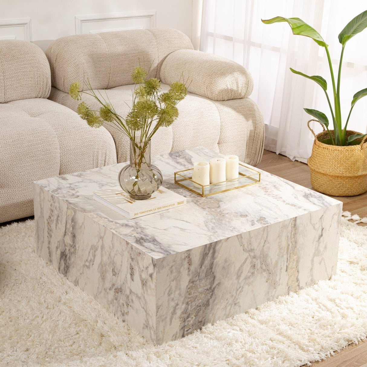 Table basse moderne carrée 90x90 cm effet marbre Prasmi 