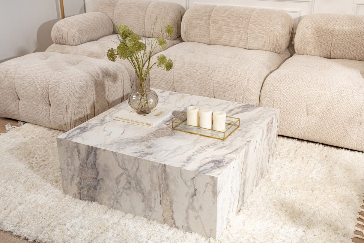 Table basse moderne carrée 90x90 cm effet marbre Prasmi 