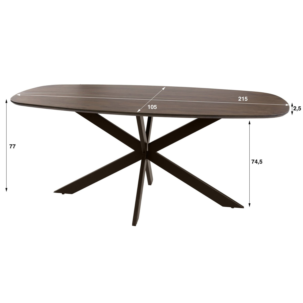 Table à manger ovale danoise en bois d'acacia massif marron noyer Tavon 215x105 cm