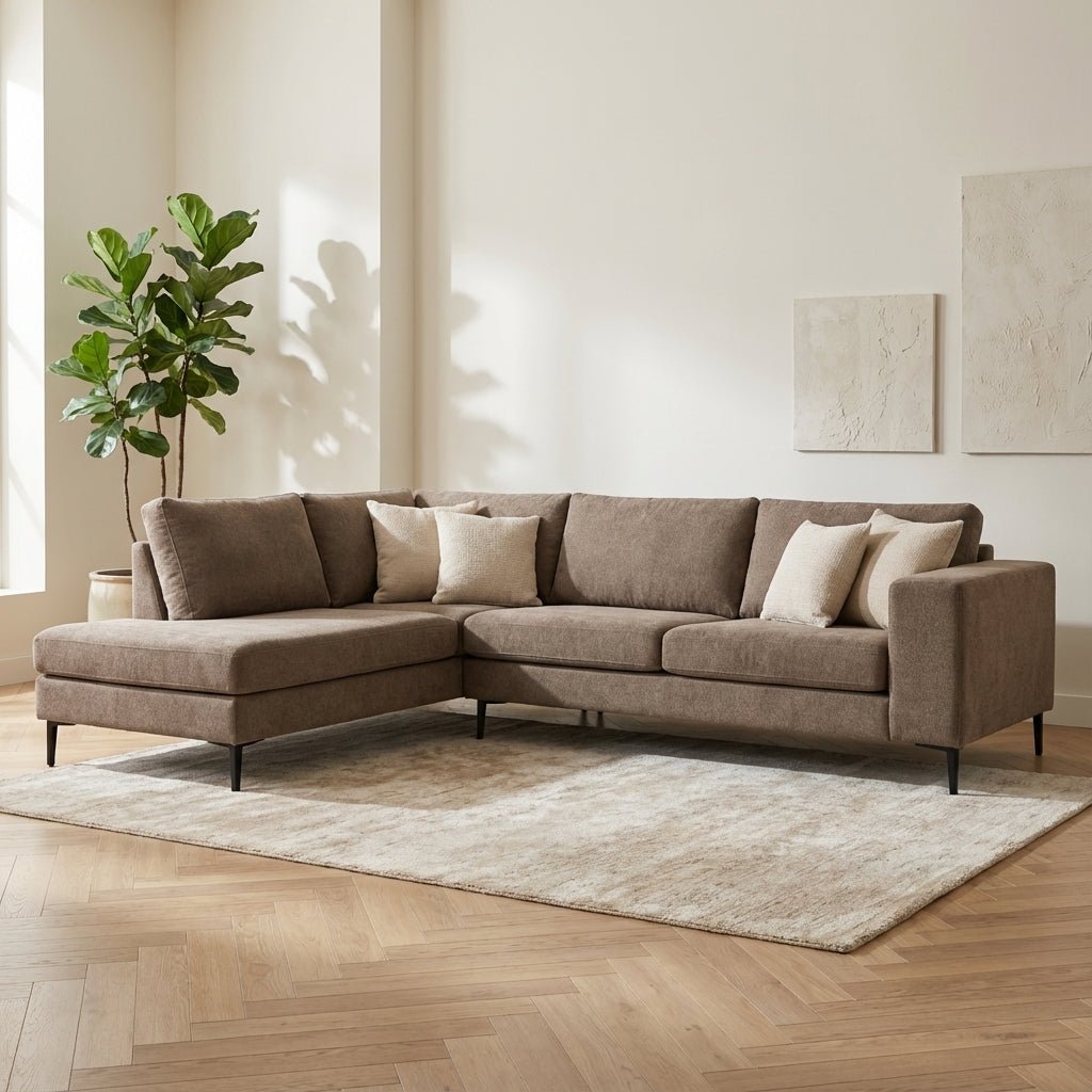 3-zits hoekbank Espen stof taupe links sfeerfoto in modern interieur