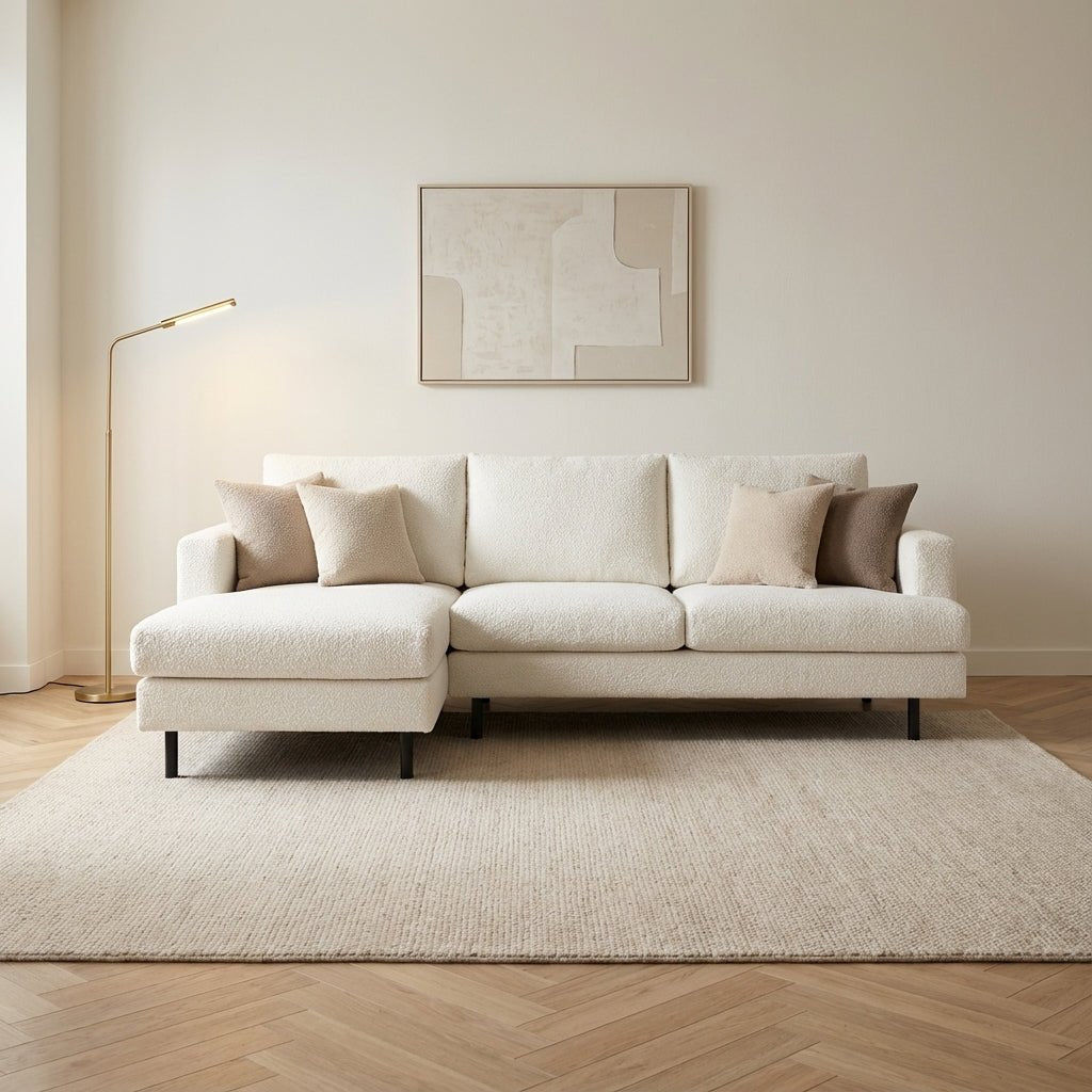 3-zits hoekbank chaise longue Giselle bouclé wit sfeerfoto in modern interieur