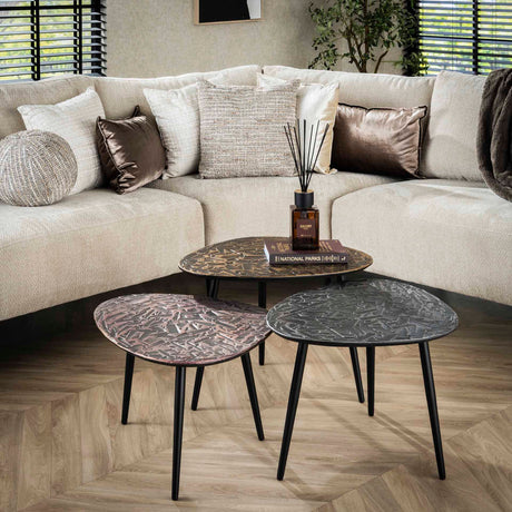Ensemble de tables basses Marlo 3 Triangle en patine de cuivre 