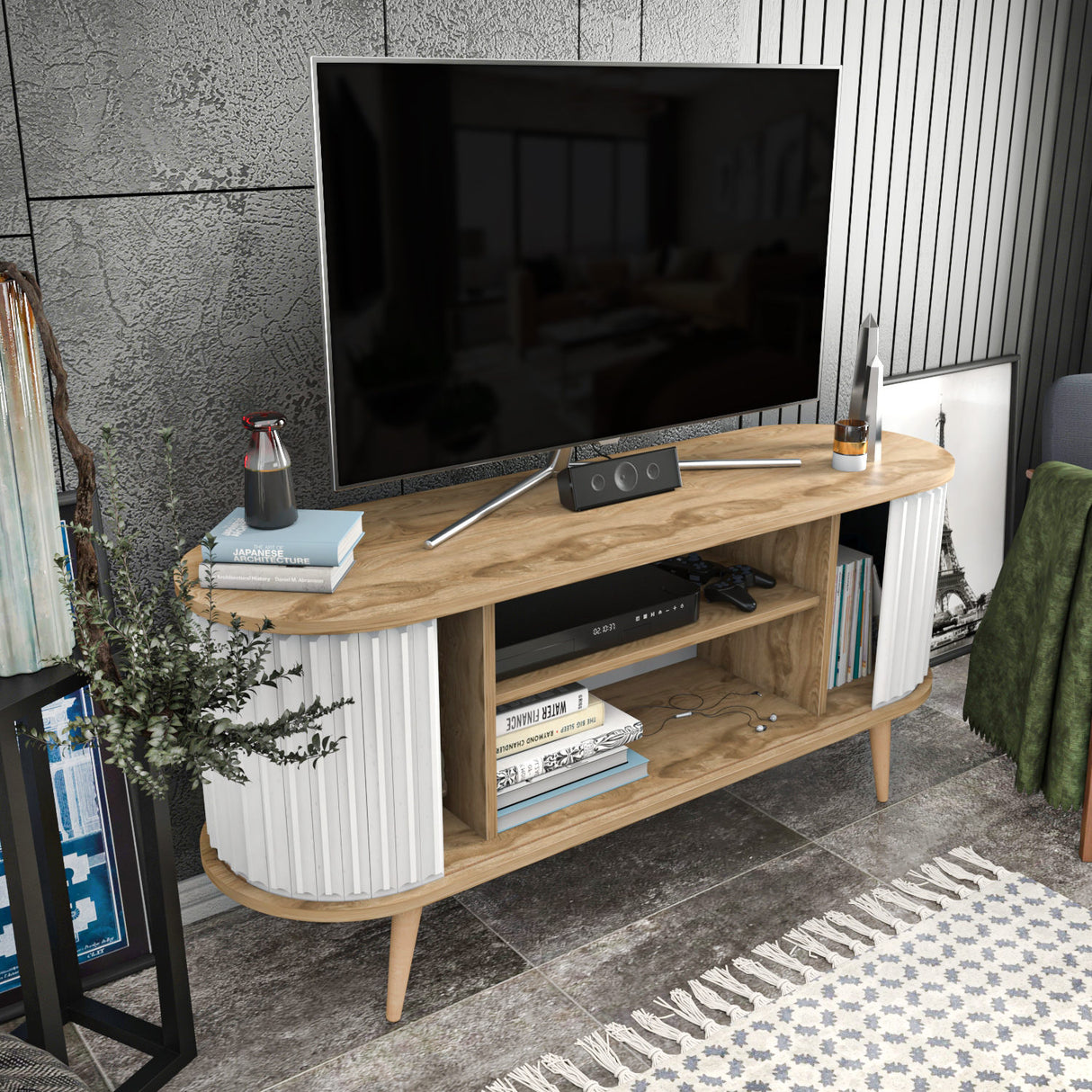 Magasins de meubles TV Oak Mélamine blanche 140x64x43 cm