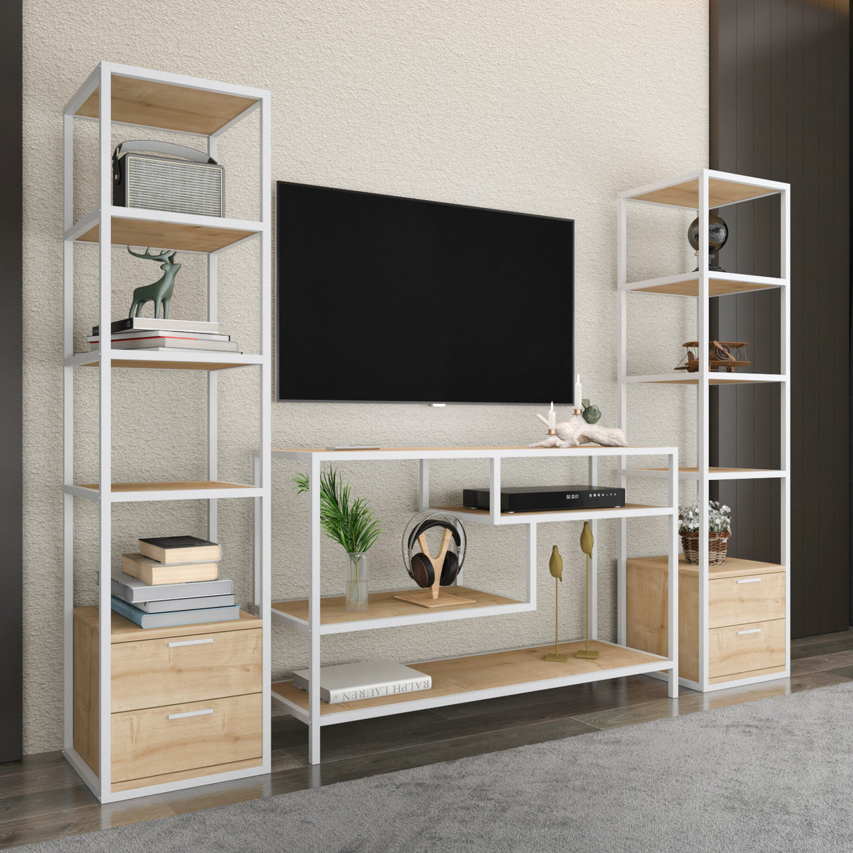 TV Meubel Set Robbins White Wit Eik Melamine 198x160x39 cm