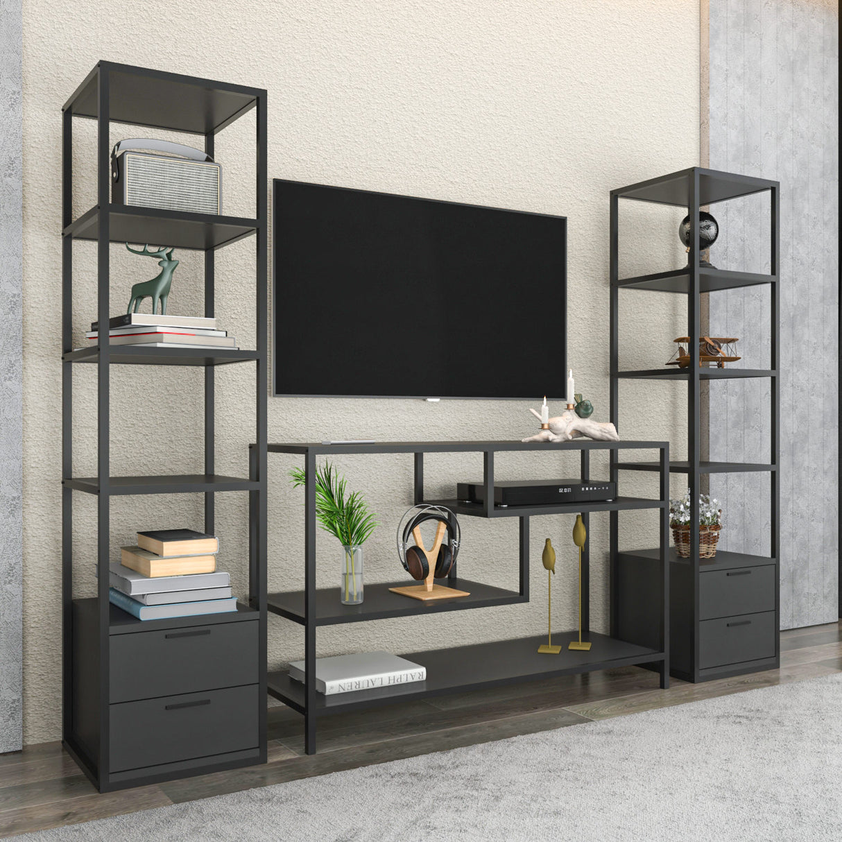 TV Meubel Set Robbins Black Zwart Antraciet Melamine 198x160x39 cm