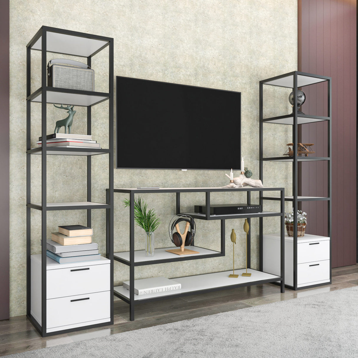 TV Meubel Set Robbins Black Zwart Wit Melamine 198x160x39 cm