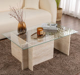 Table basse moderne rectangulaire Vetroni aspect travertin - Verre - 105x65 cm 