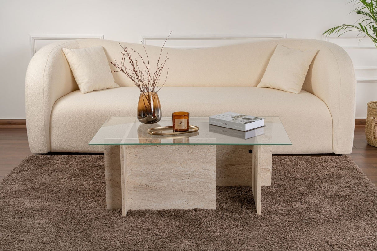 Table basse moderne rectangulaire Vetroni aspect travertin - Verre - 105x65 cm 