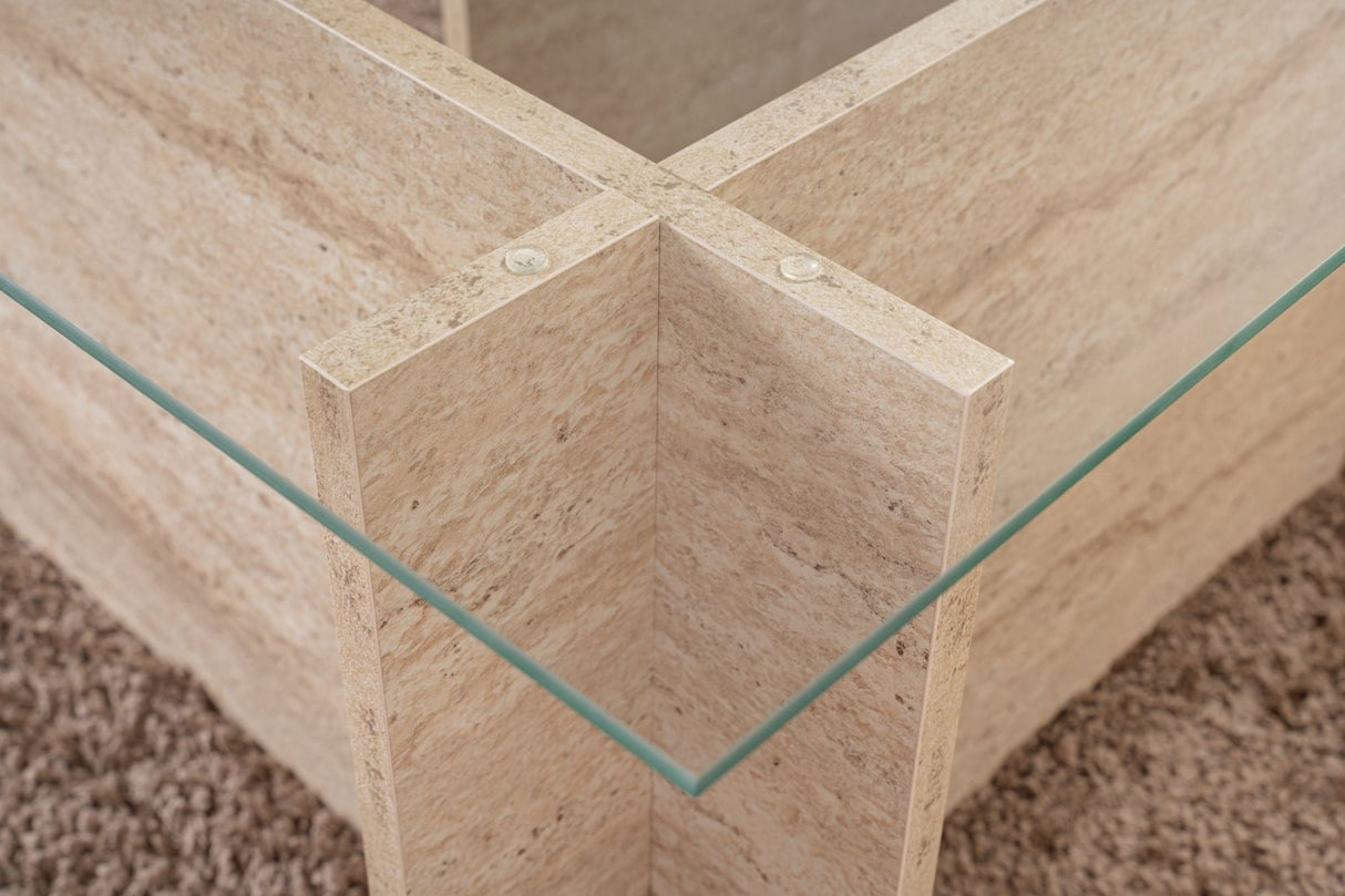 Table basse moderne rectangulaire Vetroni aspect travertin - Verre - 105x65 cm 