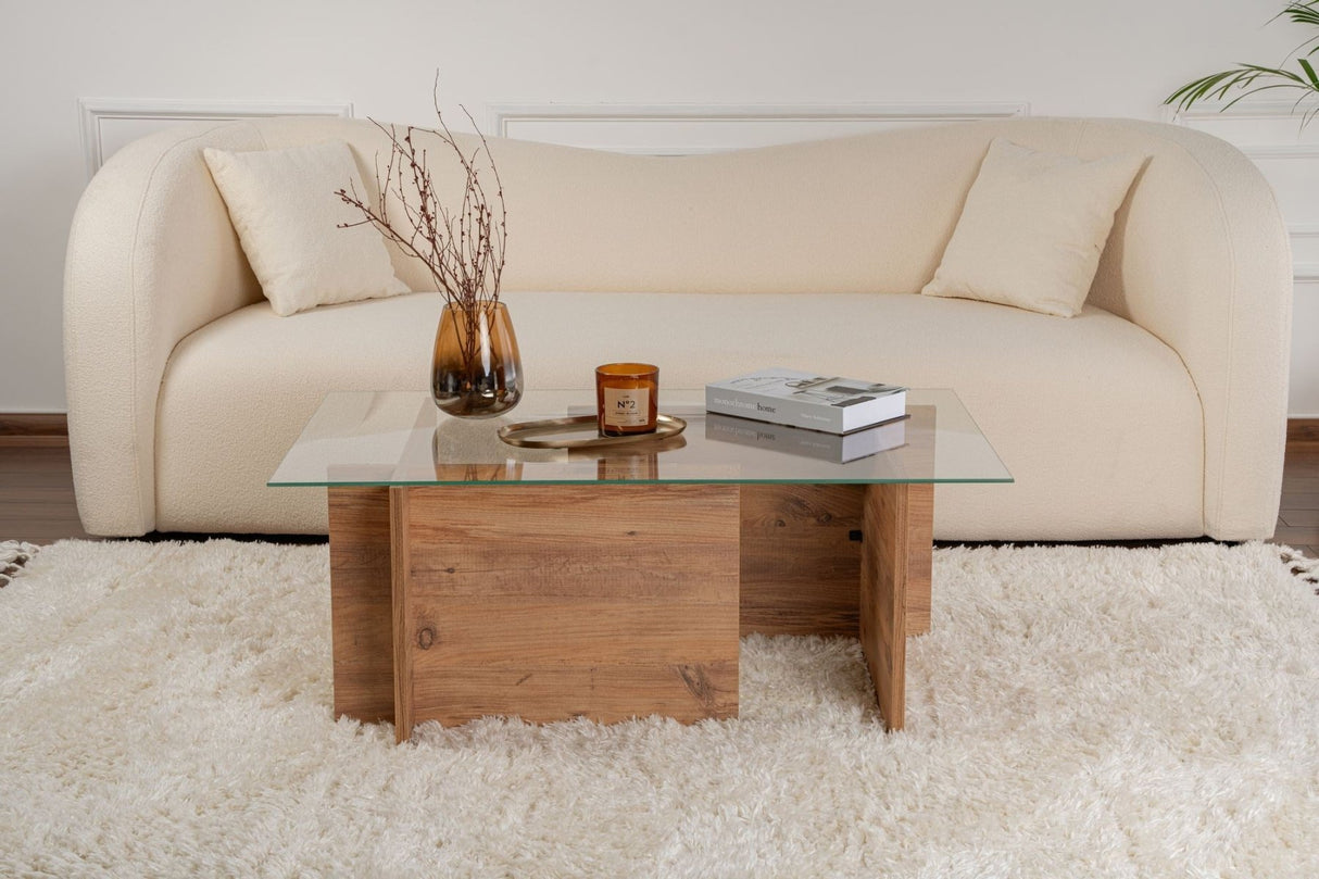 Table basse moderne rectangulaire Vetroni aspect pin de l'Atlantique - Verre - 105x65 cm 