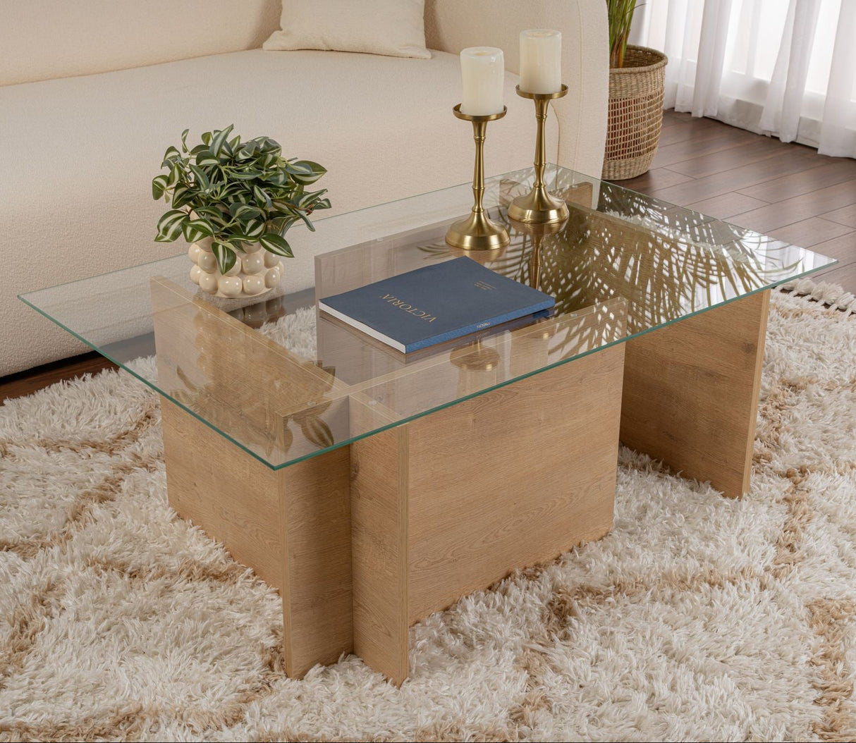 Table basse moderne rectangulaire aspect chêne miel - Verre - 105x65 cm 