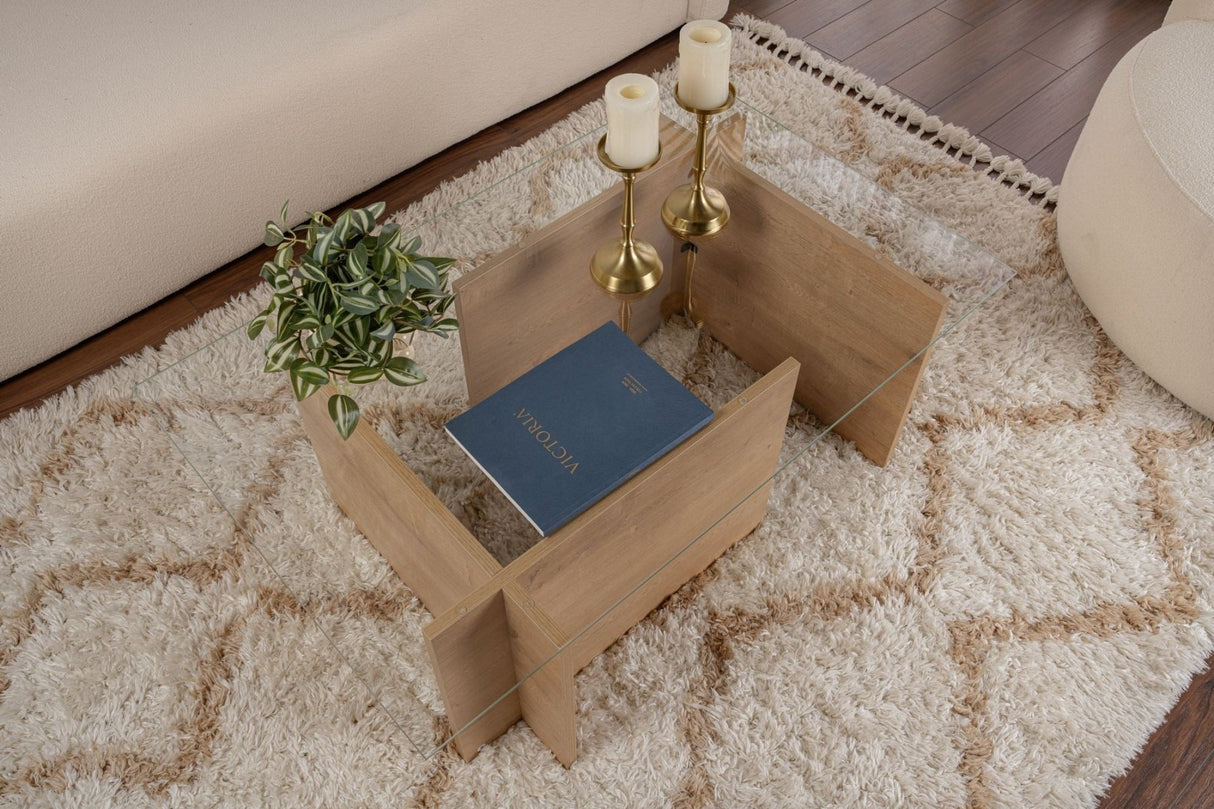 Table basse moderne rectangulaire aspect chêne miel - Verre - 105x65 cm 