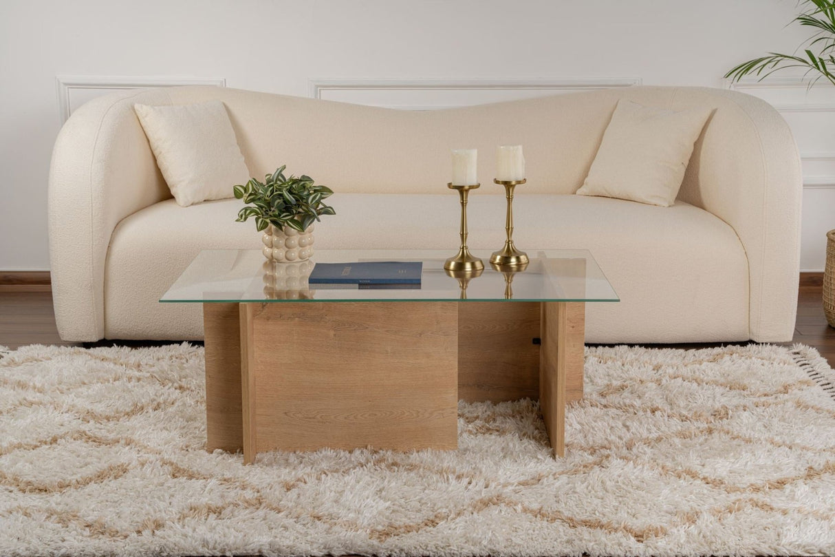 Table basse moderne rectangulaire aspect chêne miel - Verre - 105x65 cm 