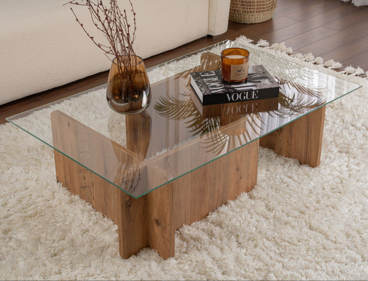 Table basse en mélamine de pin atlantique verre opale 105x65x30 cm 